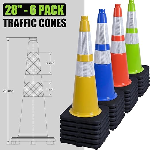 Fluorescent Orange/Green PVC Traffic Cones, Heavy Black Base Parking Lot Cone Structurally Stable Weatherproof Road Construction Safety Cones (4, Green, 28" Large)