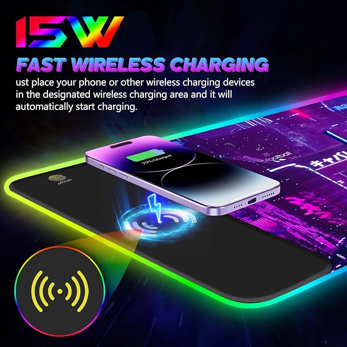 RGB Mouse Pad with 15W Wireless Charging, Purple Anime Neon Extended Large LED Gaming Mouse Pad Non-Slip Rubber Base, 10 Light Modes Desk Pad for Home Office-Warrior Cat