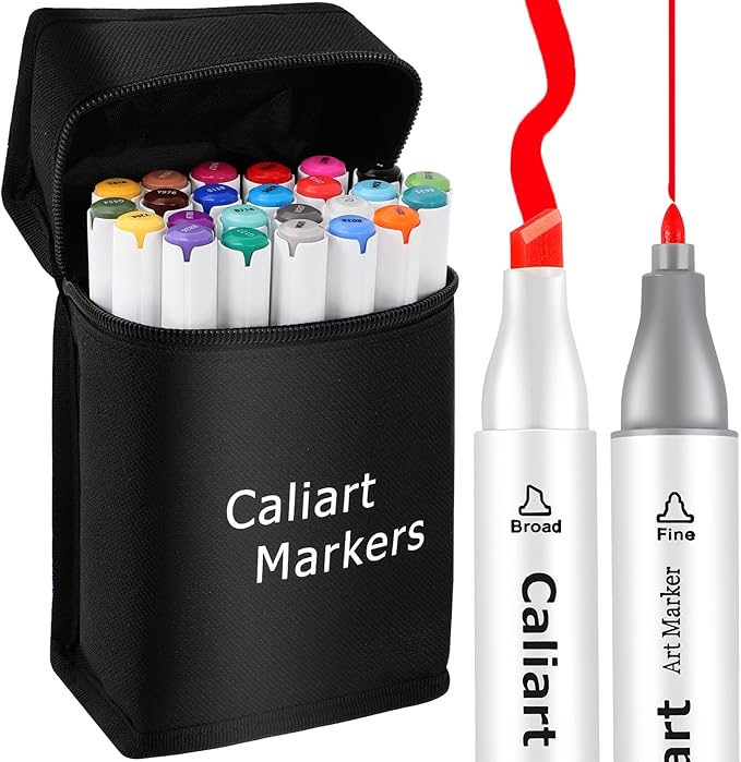 Caliart Alcohol Based Markers, 24 Colors Dual Tip Art Marker Set Fine & Chisel, Permanent Colored Pens for Adults Coloring Book Artists Illustration Sketch Lettering Drawing Cards Planner