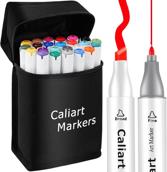 Caliart Alcohol Based Markers, 24 Colors Dual Tip Art Marker Set Fine & Chisel, Permanent Colored Pens for Adults Coloring Book Artists Illustration Sketch Lettering Drawing Cards Planner