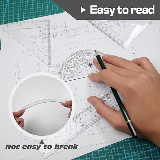 4 Pcs Math Geometry Set, Transparent Plastic Geometry Kit includes Protractor, Straight Ruler, Triangle Ruler, Clear Measuring Tools, Drafting Ruler for School and Office Supplies