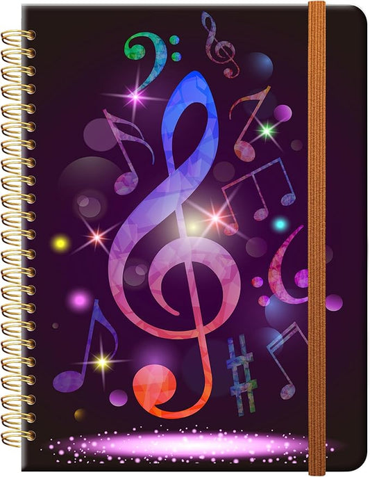 Ruled Spiral Writing Notebook,A5 Hardcover Lined College Journal for Women,Strong Twin-Wire Binding with Premium Paper,8.4" X 6",Perfect for School,Office,Home(Colorful Purple Music)