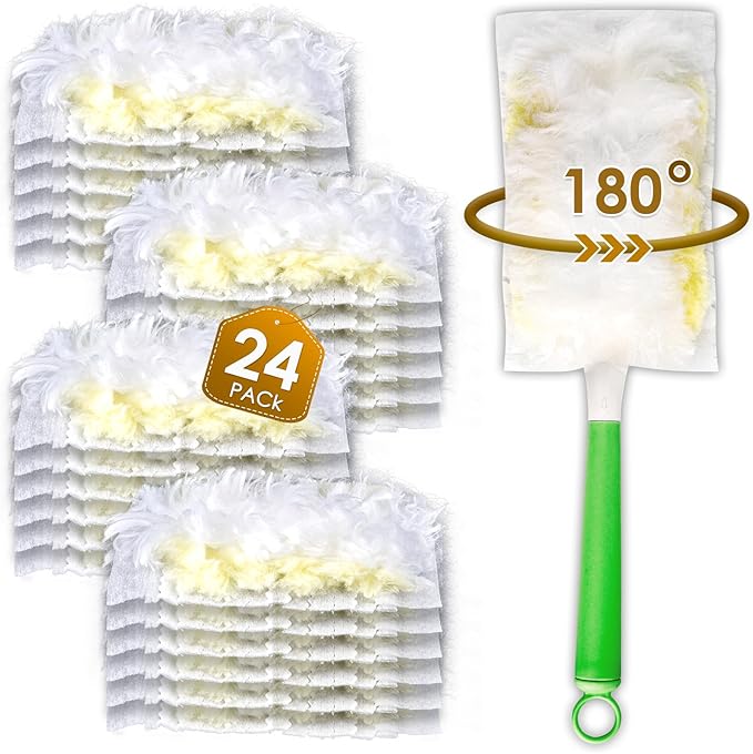 24 Count Feather Duster Refills for Swiffer Dusters Handle, 180 Degree Multi-Surface Duster Refill Kit with 1 Extra Handle, Disposable Dust Removal Brush Heads for Electronics Furniture, Car Interior