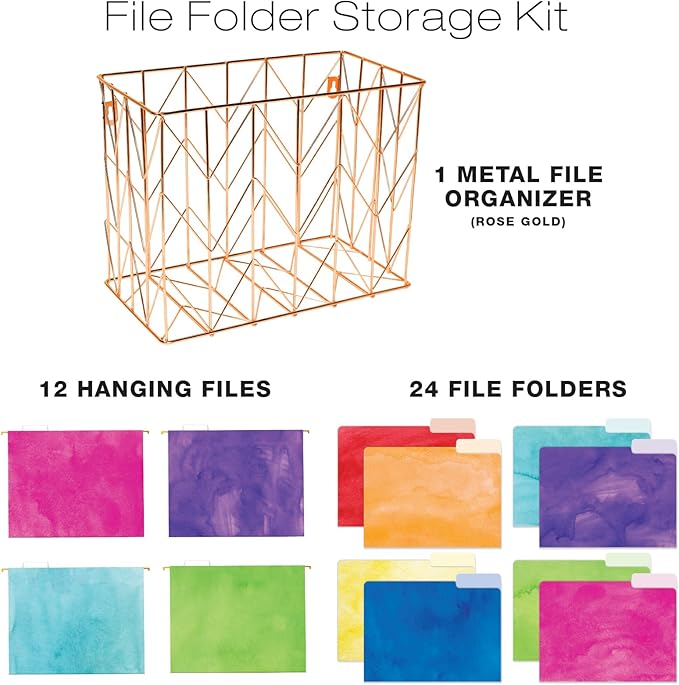 Global Printed Products Deluxe Designer Hanging File Folder Kit, Includes Metal Hanging Basket, 12 Hanging Folders, 24 File Folders, 1/3 Cut Tab, Assorted Positions, Letter Size (Watercolor Solid)
