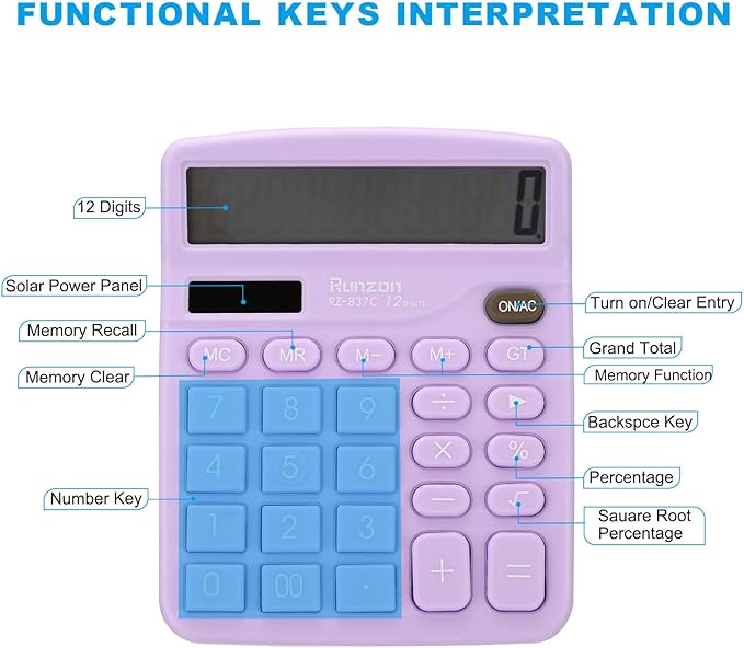 PATIKIL Desk Calculator, 12 Digits Large LCD Display Electronic Calculator Solar Battery Dual Power for Home Office Desktop, Purple