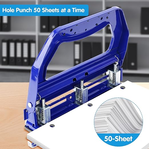 AFMAT HP18 3 Hole Punch, Metal Heavy Duty Paper Punch with 50-Sheet Capacity and Removable Punch Heads for 2 Hole Punch Function, Large Chip Tray, Blue