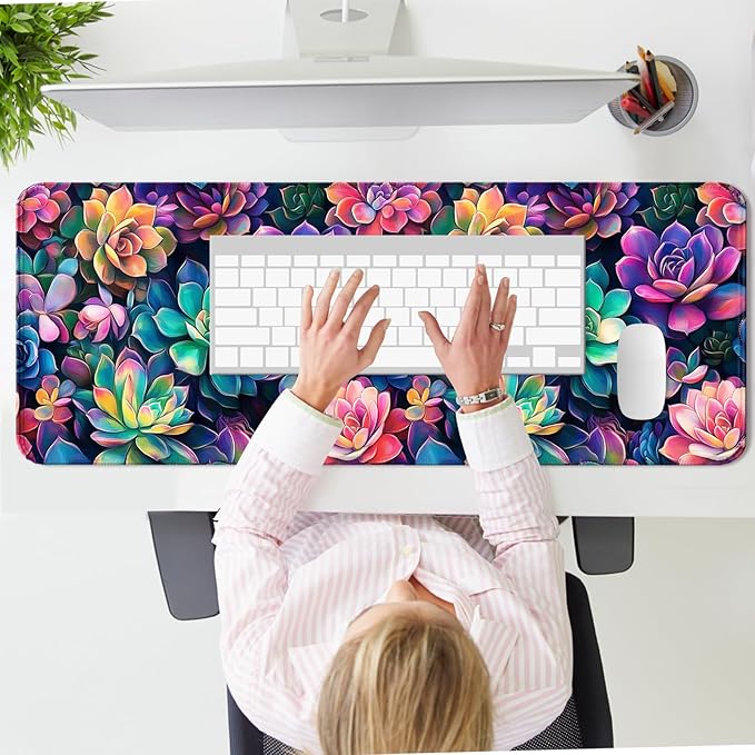 Colourful Succulent Plants Gaming Desk Mat, Extended Large Nature Aesthetic Mouse Pad, Computer Keyboard Laptop Mousepad for Work, Office and Home, XL