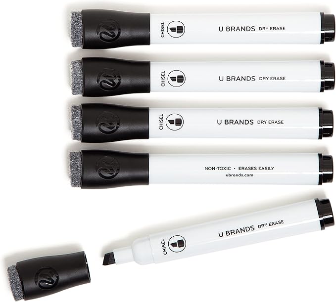 U Brands Fine Tip Dry Erase Markers with Eraser, Whiteboard Markers with Chisel tip, Extra Ink, Low Odor, Black, Set of 5