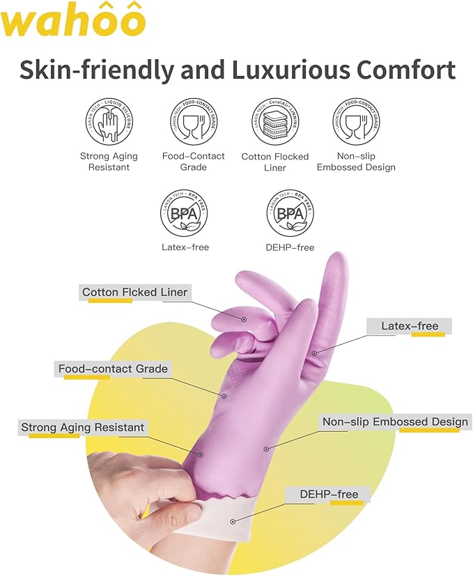 wahoo 3 Pairs Skin-Friendly Cleaning Gloves, Reusable Dishwashing Gloves with Flocked Cotton Liner, Dishwashing, Kitchen,Mauve Mist, Large