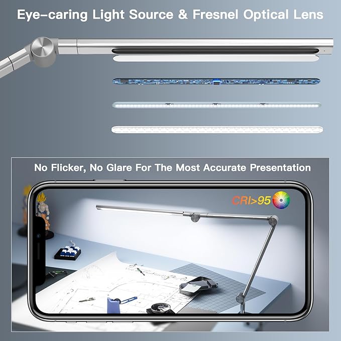 VERSKI LED Desk Lamp With Dual Light Source, Eye-Caring Optical Lens, 5 Color Modes & Brightness, 18W Brightest, Swing Arm Office Lamp, Clamp Lamp for Home Office, Work and Task