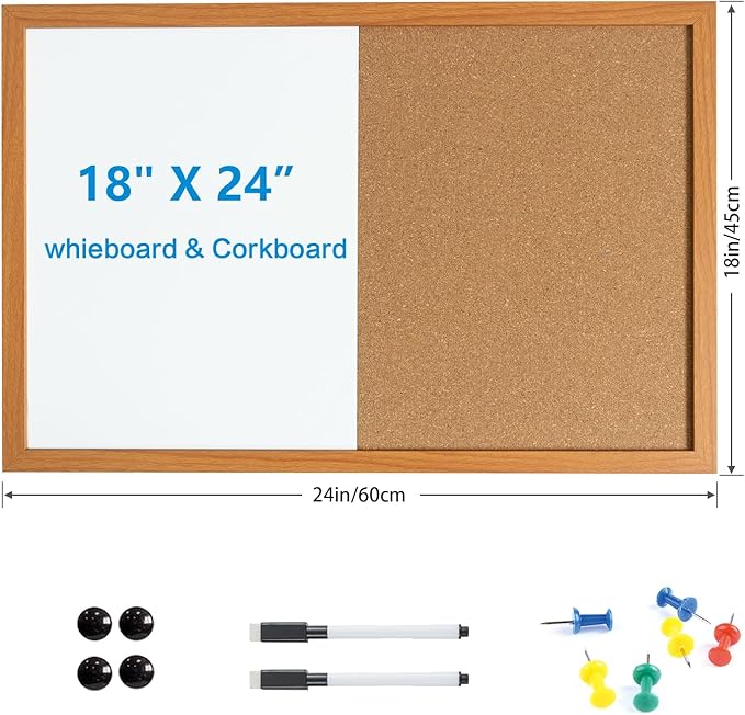 Combination Writeboard 24"x 18" Magnetic Whiteboard & Cork Board Dry Erase Board Bulletin Board Wall Mounted Wood Frame