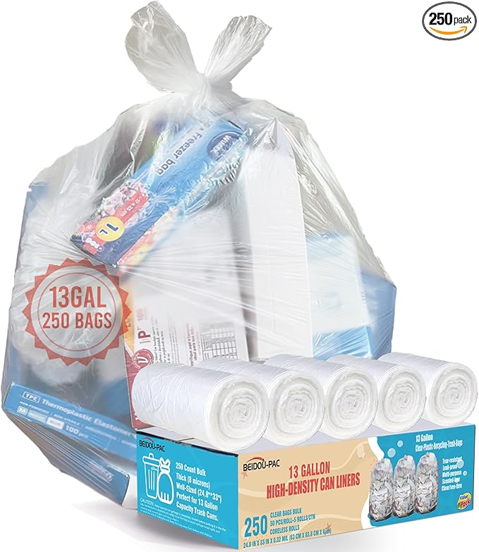 BEIDOU-PAC Trash Bags 13 Gallon, 250 Count Bulk, Clear Plastic Recycling Garbage Bags, Multi-purpose Tall Kitchen Trash Bags Can Liners for Business Home Commercial and Industrial