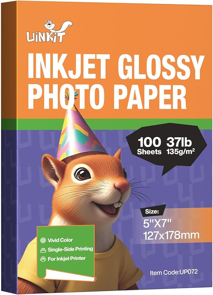 Uinkit 37lb 5x7 Glossy Photo Paper, 100 Sheets Picture Paper for Inkjet Printer, Instant Dry, for DIY Chip Bag, Flyers, Cards, Calendars and Brochures (5X7X100)