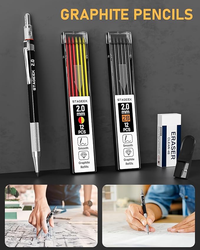 14 Pack Carpenter Pencil Set with Sharpener, Mechanical Carpenter Pencils with 60 Refills, Deep Hole Long-Nib Marker Pens, Carbide Scribe Tool & Construction Pencils for Architect with Case