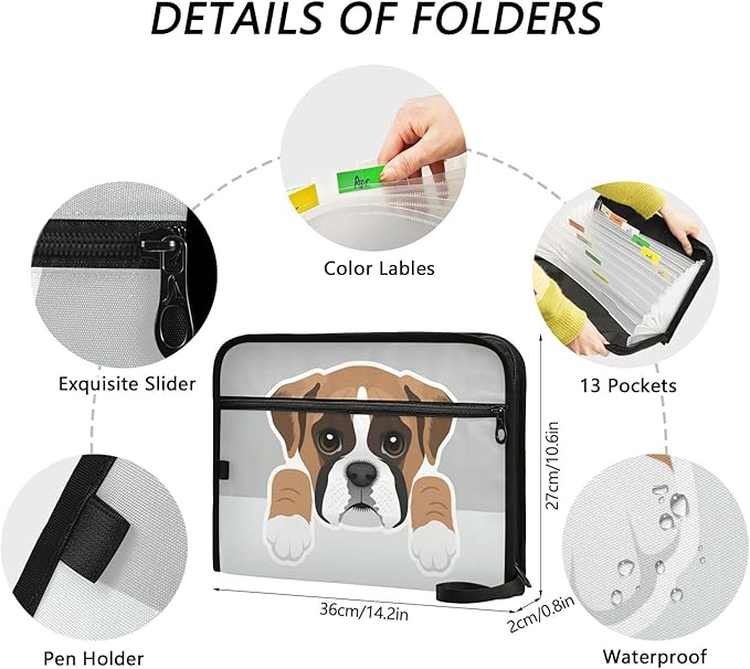 Boxer Dog Puppy Expanding File Folder 13 Pockets with Zipper Cute Dog Expandable Filing Folders Accordion Document Files Organizer for A4 Letter Size Paper