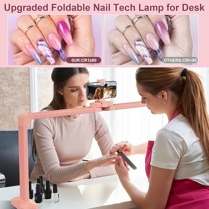 iVict Premium Large Nail Desks Light, 34" Foldable Lash Light for Eyelash with Phone Stand, 0-100% Adjustable Brightness, 3000K-6000K Color Temperature Led Desk lamp for Nail(Pink)
