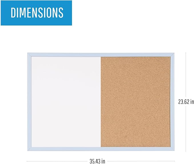 MasterVision Pastel Collection Combo Dry Erase Whiteboard/Cork Bulletin Board, Blue Colored MDF Frame, 35.43" x 23.62"
