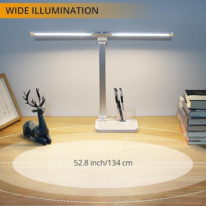 Qooltek LED Desk Lamp for Home Office, Touch Control Table Lamp with 5 Color Modes and Adjustable Brightness,Dual Swing Arm USB Charging Port Foldable Reading Light, Auto Timer, Silver White, 5W