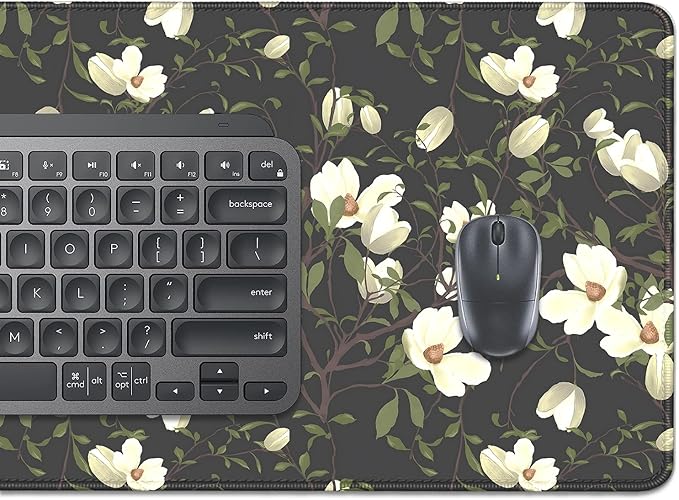 Magnolia Flowers Desk Pad Mouse Pad,Large Floral Mouse Mat with Stitched Edges,Non-Slip Rubber Base Black Mousepad for Office PC Keyboard Laptop and Home Work Desk Mat(27.5X11.8 in)