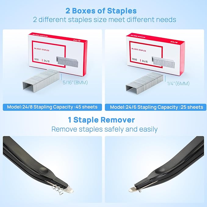 Electric Stapler for Desk Value Pack, 45 Sheet Capacity, Includes 1500 Staples & Staple Remover, No-Jam, Faster Stapling, AC Adapter Powered, Black
