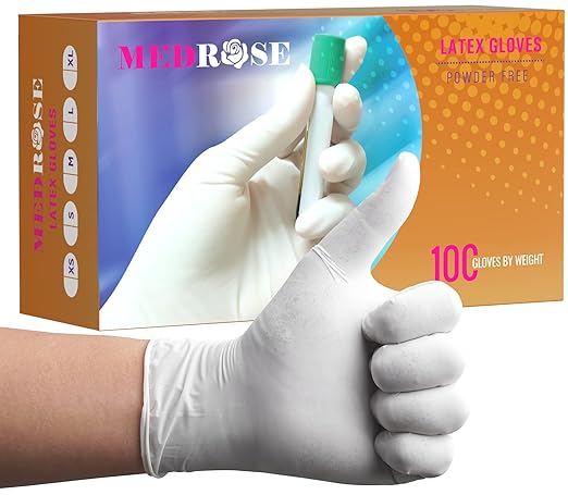 MedRose Medium Latex Gloves - 100 Count Rubber Gloves - Disposable Gloves Powder Free, Waterproof, White