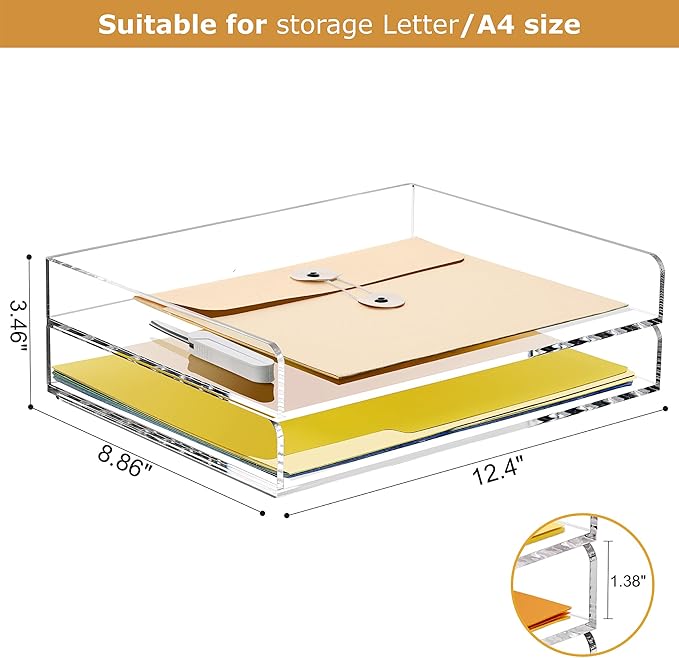2-Tier Acrylic Stackable Letter Tray Paper Organizer Trays for Desk, Clear Horizontal File Paper Sorter, Office Supplies Accessories Storage for Letter/A4 Size Folders Documents 12.4inx8.86inx3.46in