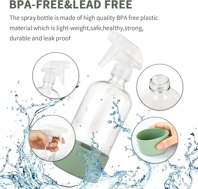 HOMBYS 16 Oz Clear Glass Spray Bottles with Silicone Sleeve,Empty Boston Bottle Spray Bottle with Adjustable Nozzle,Refillable Container for Cleaning, Essential Oils, Hair, Plants