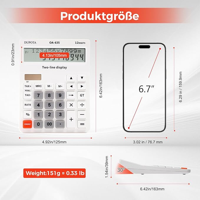 Desk Calculator Large Display Big Buttons with 12 Digits 2-line LCD, Dual Solar Power and Battery Calculators with Tax and Check Function for Office, Home, Accounting and Business Middle Size（OA-635）