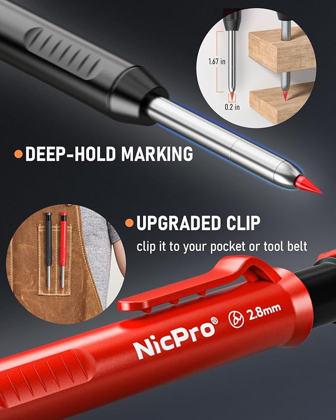 Nicpro 5 Pack Carpenter Pencil with Sharpener, Mechanical Carpenter Pencils Set with 41 Refills, Deep Hole Marker Construction Pencil, Heavy Duty Woodworking Tools for Architect Carpenter - With Case