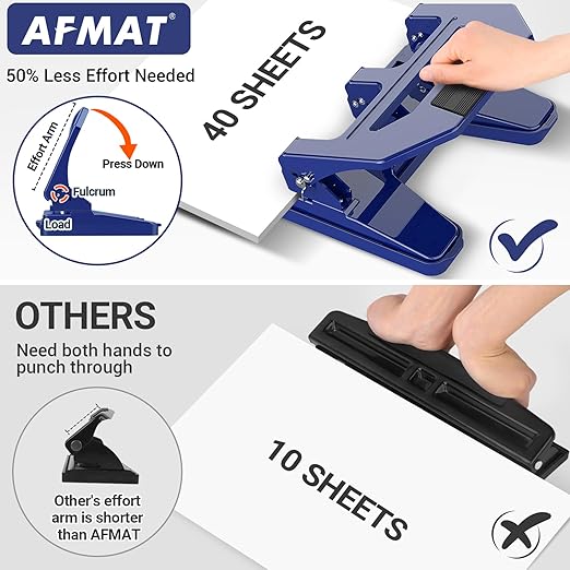 AFMAT 3 Hole Puncher Heavy Duty, 40-Sheet Heavy Duty Three Hole Punch, 50% Reduced Effort Paper Punch, 10K+ Uses, Metal Hole Puncher 3 Ring w/Large Tray, Bulit-in S.S. Paper Guide, Blue