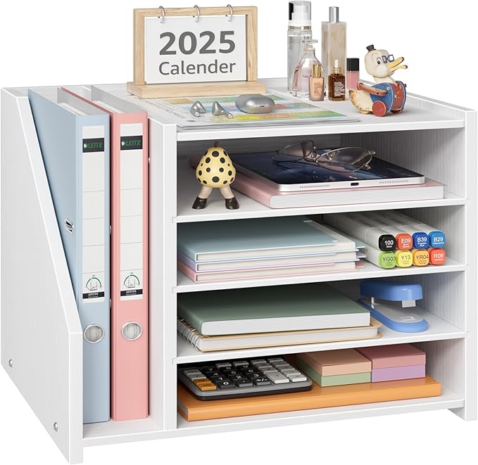 Wood Paper Tray Organizer for Desk - 5 Tier Desk Top File Storage Office Workspace Desktop Organization Stationary Small Wooden Shelf, White