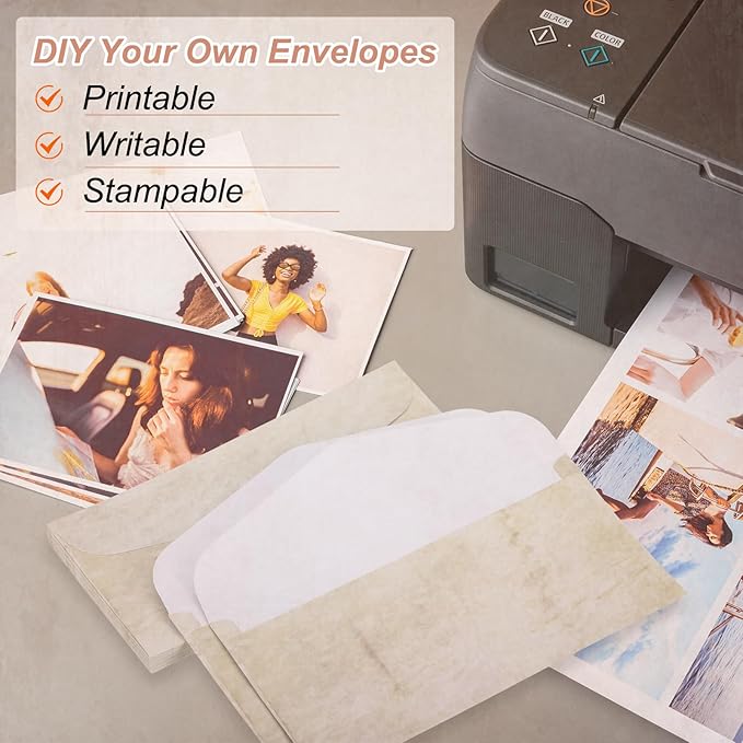 MECCANIXITY 48 Packs Envelopes Vintage Stationery Gray Black Lines Stationery Old Fashion Paper for Letter Writing, Invitations, Wedding-9 x 4 Inch