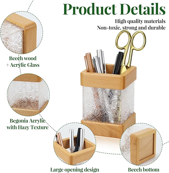 MultiBey Beech Wooden Pencil Holder, Clear Acrylic Wood Pen Holder, Modern Pencil Cup Organizer Stand Wood Desk Accessory Organizer for School Office Home Supplies