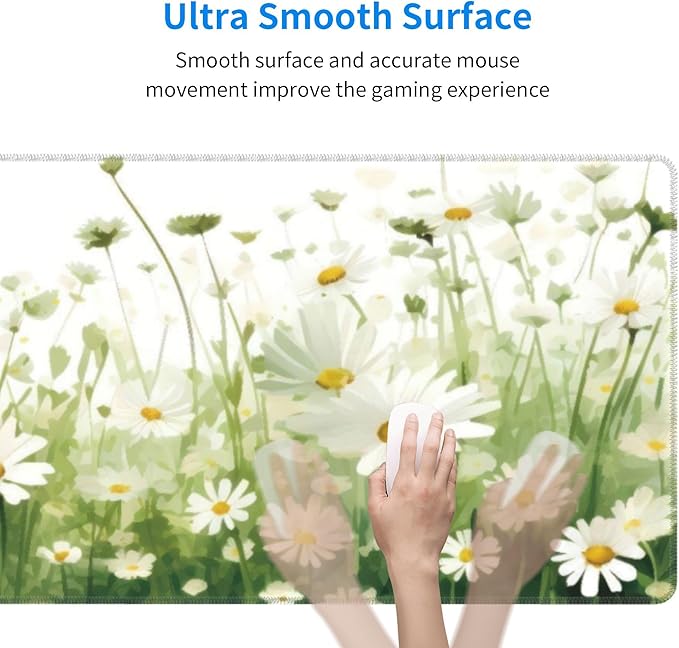 Daisy Flowers Large Mouse Pad, Floral Gaming Desk Mat, XL Keyboard Desk Pad Mat for Desktop, 31.5"x11.8" Non-Slip Base Big Mousepad with Stitched Edges