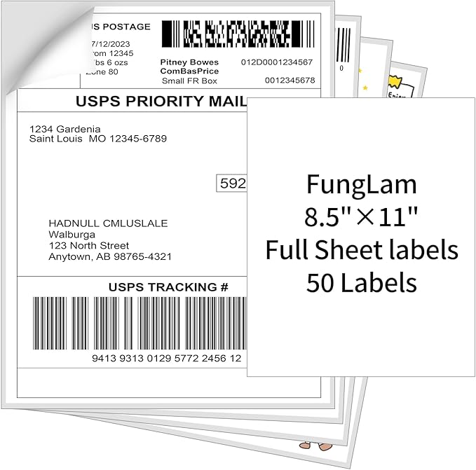 FungLam 8.5" x 11" Full Sheet Sticker Paper, Printable Sticker Paper for Laser & Inkjet Printers, 50 Full Sheet Address Shipping Label（50 Labels）