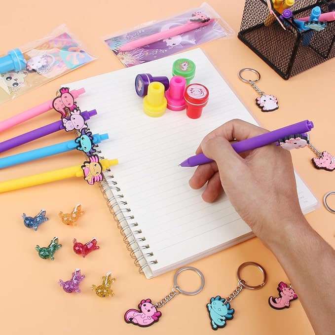 108 Pcs Axolotl Party Gifts Axolotl Stationery Gifts included Mini Toys Spiral Notebooks Ballpoint Pens Slap Bracelets Keychains Stamps Gift Cards and Gifts Bags for Axolotl Birthday Party Supplies