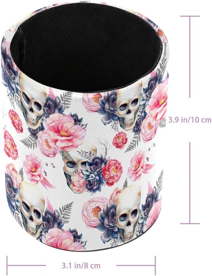 Pen Holder Cup Pencil Cup Holder for Office Watercolor Skull and Peonies Flowers Desk Organizer