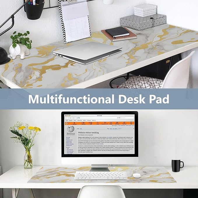 Mouse Pad Desk Mat Leather Desk Pad Large Gaming Desk Cover Protector Mat for Keyboard Computer Laptop Office Waterproof 35.4 x 16.5 Inch Marble White and Luxury Gold