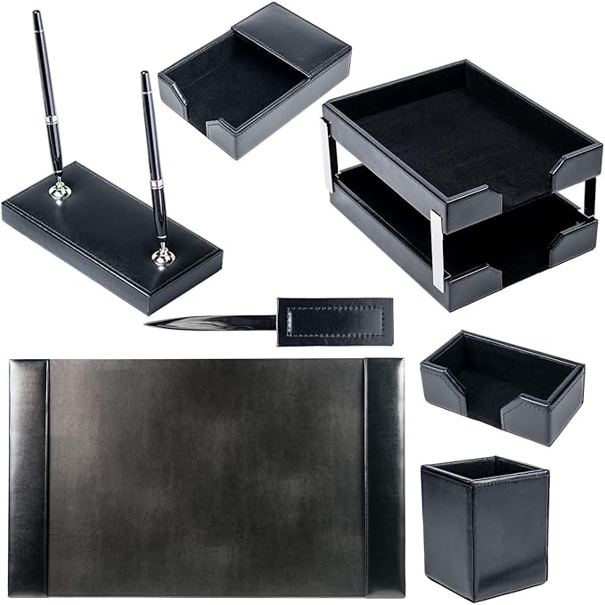 Dacasso Bonded Set Luxury Leather Desk Pad & Desk Organization Essentials, 9 Piece, Black