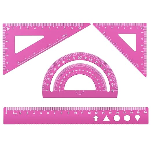 MSDADA Triangle Ruler, Protractor, Square and Ruler Set, 4 Pieces Aluminum Alloy, Metal Drafting Kit, Geometric Protractor for Student, School, Home, Office (Pink, 20cm/7.87inch)