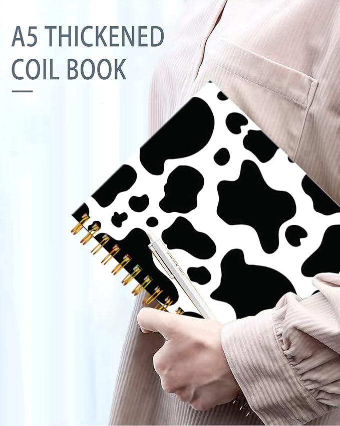 iampanda Spiral Journal Notebook,Strong Twin-Wire Binding with Premium Paper for Girl Women,Cute 60 Sheets A5 College Ruled Notebook/Journal,Perfect for School Office Home Gifts,Black White Cow Print