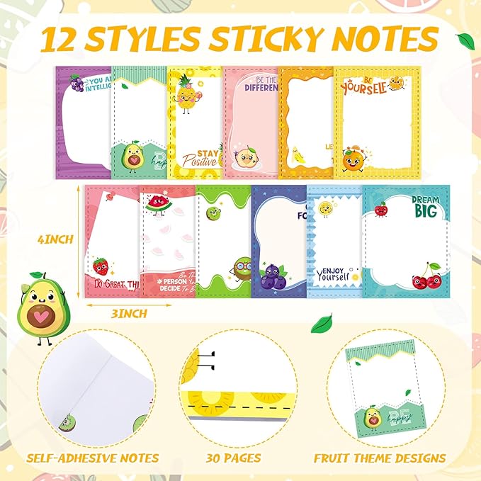 24 Pcs Fruit Themed Sticky Notes with Pens Motivational Gifts Notepad Positive Memo Notes Pads Black Ink Pen for Office School Supplies Students Teacher Employee Coworkers