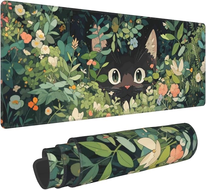Cat Hiding in Flowers Large Mouse Pad, Anime Style Gaming Desk Mat, XL Keyboard Desk Pad Mat for Desktop, 31.5"x11.8" Non-Slip Base Big Mousepad with Stitched Edges