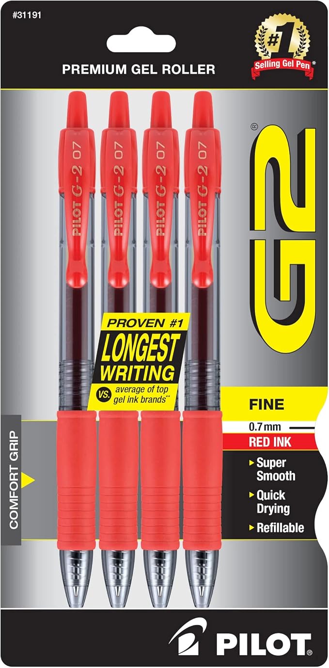 Pilot G2 Premium Gel Roller Pens, Fine Point 0.7 mm, Red Pens, Pack of 4 - Ideal for School, Journaling & Office Writing