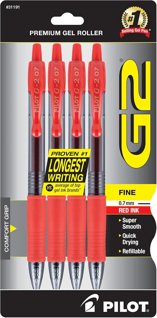 Pilot G2 Premium Gel Roller Pens, Fine Point 0.7 mm, Red Pens, Pack of 4 - Ideal for School, Journaling & Office Writing