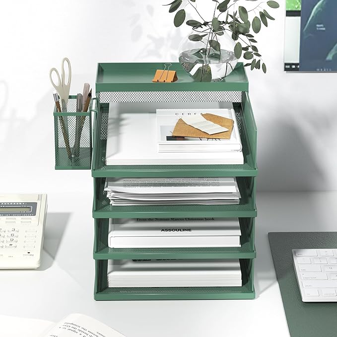 Stackable Letter Trays, 4 Tier Metal Paper Tray & Desk Organizer, Stackable File Trays for Office & Home, Multi-Functional Document Tray with Fine Grid Design & Magnetic Labels,Green