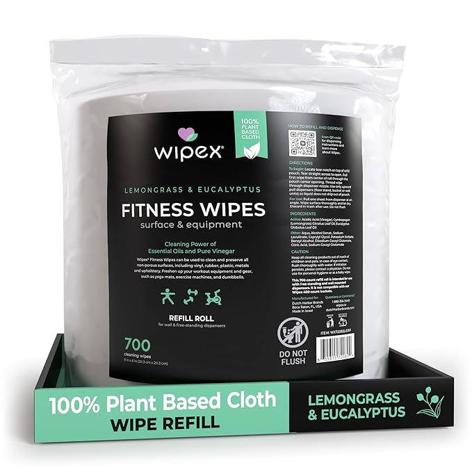 Wipex Gym Wipes Dispenser Refill - 700 Count 8"x8" Plant-Based Fitness Equipment Wipes with Cleaning Vinegar, Lemongrass & Eucalyptus Essential Oil, Great Gym Wipes for Equipment (1 Pack)