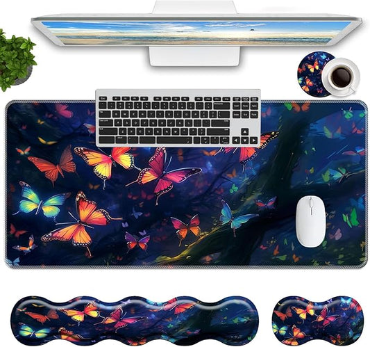 Keyboard Mouse Pad Set,Large Mouse Pad+Keyboard Wrist Rest+Wrist Support+Coaster,31.5x11.8in Extended Desk Mat for Computer Laptop Office Home - Butterfly