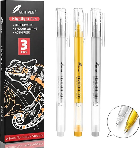 0.8mm Extra Fine Point 3 Colors Gel Pen Set White,Gold and Silver Gel Ink Pens for Artists Drawing on Black Paper, Sketching, Bullet Journaling & Holiday Crafts