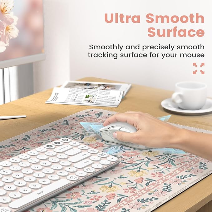 iCasso Desk Pad Mat, Large Mouse Pad and Keyboard Wrist Rest Set, Desk Protector Mat,4in1 Ergonomic Carpal Tunnel Keyboard Pad with Wrist Support for Desktop Cover Home Office Computer(Pink Flowers)